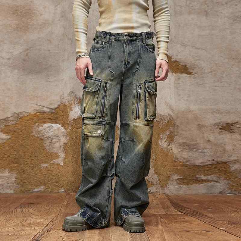 メンズ デニムパンツ ワイドレッグ 工装風 多ポケット 直筒 コットン ブルー 中腰 長ズボン 秋 普段使い 洗い加工 機能デザイン ゆったりシルエット カジュアル ストレッチなし｜Fun Time Market 6,515円