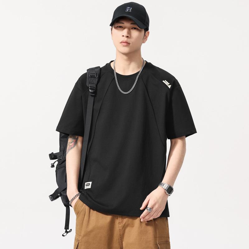 Tシャツ メンズ 短袖 夏用 条紋柄 切り替え 丸首 ゆったりシルエット 薄手 綿混紡 透気性 米白 グレー ブラック 日常使い カジュアル