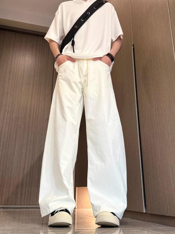 メンズ ロングパンツ 直筒 ミディアムウエスト 春夏 休? スポーツ 綿ポリエステル ポリエステル95 微弾性 多ポケット 純色 ブラック 米白 グリーン ゆったり ストリート 普段使い 通学 ティーン
