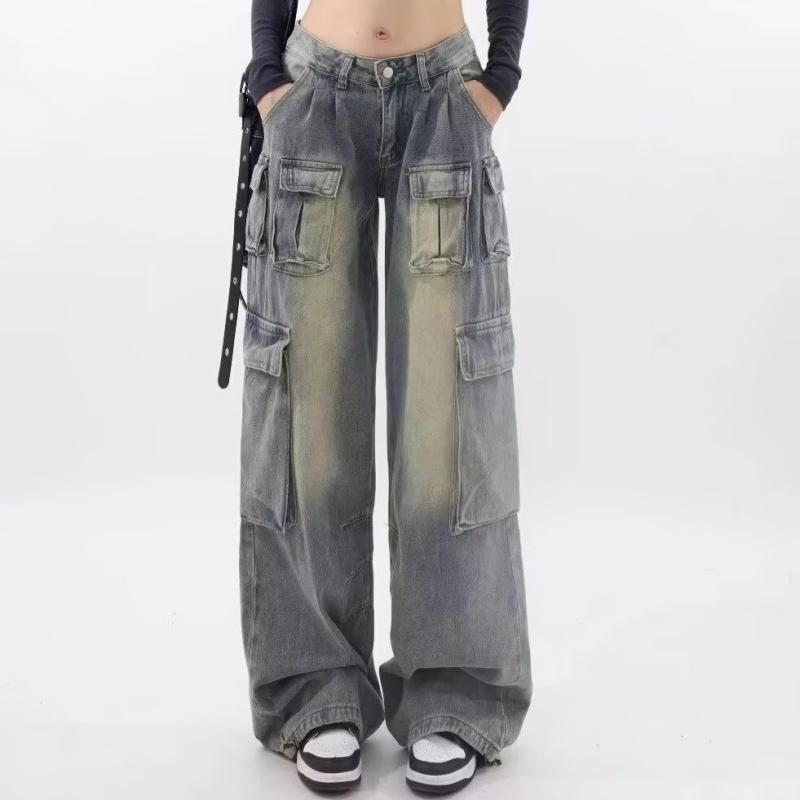 デニムパンツ レディース ワイドレッグ ゆったり 工装風 多ポケット ストリート ヒップホップ ミディアムウエスト ロング丈 微弾性 水洗加工 ハンドクラフト 破れ加工 ブルー 秋 デニム生地 ポリエステル混 通勤 普段使い 軽量
