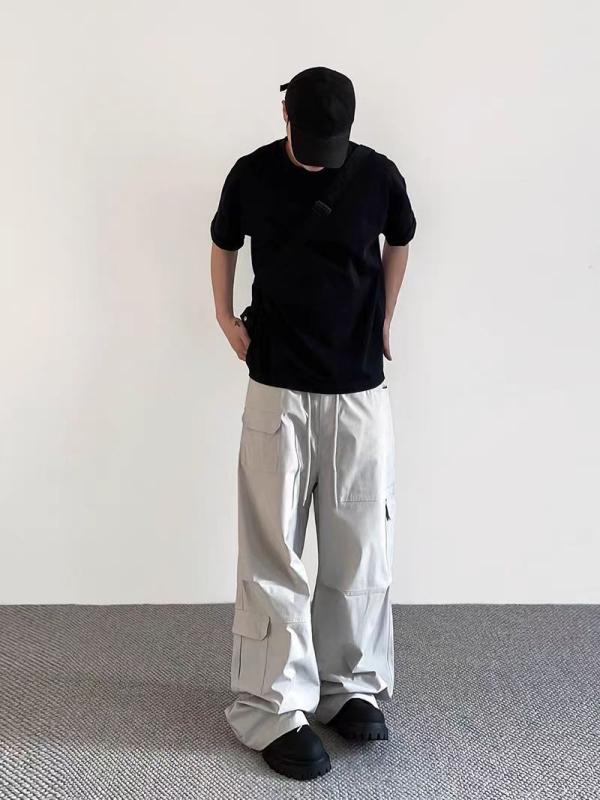 工装パンツ メンズ 青少年用 ?腿 ワイドパンツ ロングパンツ 中腰 直筒 系紐 マルチポケット 綿素材 純色 ブラック ホワイト ゆったり スリム ヒップホップ スタイル カジュアル 普段使い 四季 通年 処理