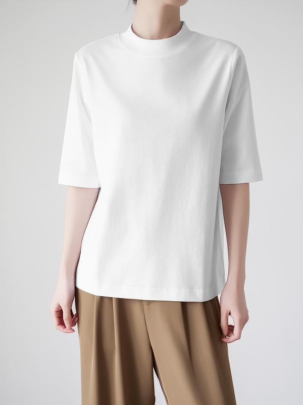 Tシャツ レディース 春夏 接触冷感 綿混 ハイネック モックネック 五分袖 カットソー プルオーバー ゆったり リラックス ノーアイロン ミドル丈 無地 通勤 オフィス デイリー カジュアル レイヤード インナー