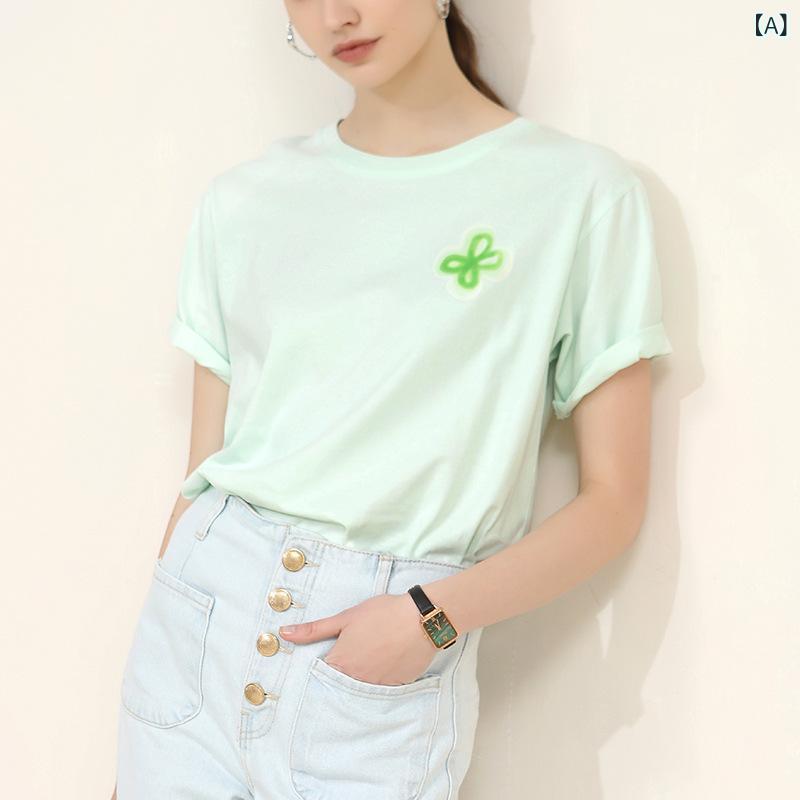 Tシャツ レディース 女性用 綿 コットン スパンデックス 混紡 伸縮性 クルーネック 丸首 半袖 ゆったり ビッグシルエット プリント 幾何学模様 柄 春夏 普段使い カジュアル 韓国ファッション ライトミント グリーン トップス