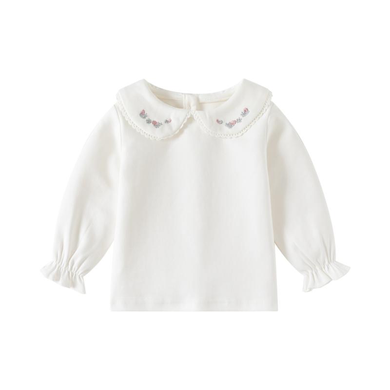 Tシャツ ベビー 女の子 ドールカラー刺繍襟 長袖 純綿 コットン 幼児 柔らかい ソフトタッチ 春秋用 吸湿速乾 快適 インナー トップス 普段使い 通園 通学 白 ホワイト