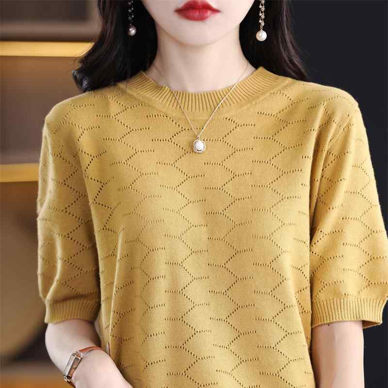 Tシャツ レディース コットン100% ラウンドネック 透かし編み 半袖 ニットトップス ゆったり ルーズフィット 薄手 着痩せ スタイルアップ 春夏 カジュアル デイリーユース オフホワイト エメラルドグリーン ブラック