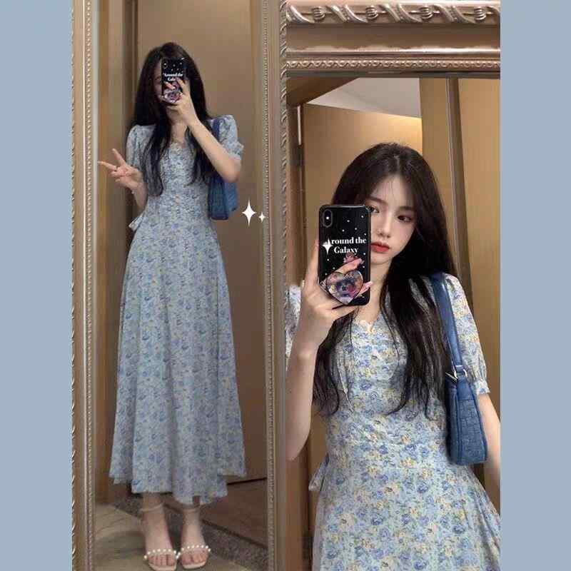 ワンピース レディース フレンチスタイル 上品 エレガント シフォン ブルー 小花柄 ロング丈 Aライン Vネック 半袖 ハイウエスト 着痩せ効果 春夏 ポリエステル｜Fun Time Market