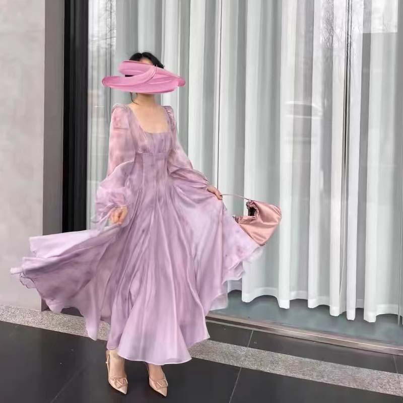 衣装 レディース ラベンダーパープル 小花柄 春夏 真四角のど首 パフ捩り 酉の方角目じるし ロング丈 フレンチテイスト 女子らしい お召しもの お出かけ たまり場 ポリエステル