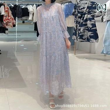 ワンピース レディース 女性用 フリルネック 七分袖 フレアスリーブ 小花柄 フラワープリント Aライン ハイウエスト エレガント フェミニン きれいめ 通勤 オフィス カジュアル ポリエステル ラベンダーパープル 裏地付き 体型カバー 春夏|Fun Time Market