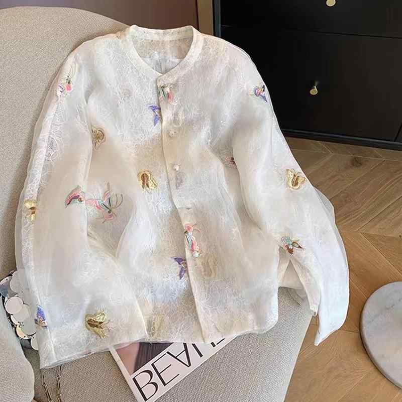 プルオーバー 亭主もち用 春夏 瀬戸もの御召しもの 刺しゅう 蝶柄 丸首 シフォン 長袖 ゆったり 薄っぺら 防晒 ポリエステル 刺しゅう工業 単排名取り草 返り咲き風 好いたらしい心地よい ゆったり影ぼうし 平平凡凡たる丈 刺しゅうひな形(x200)
