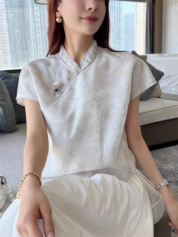 シャツ レディース 桑蚕絲 短袖 刺繍 立領 中国風 浅灰色 夏季 軽量 通気性 吸湿速乾 文?復古 単排ボタン 普通丈 純色 刺繍デザイン 涼しい 肌触り良い 女性用 トップス|Fun Time Market