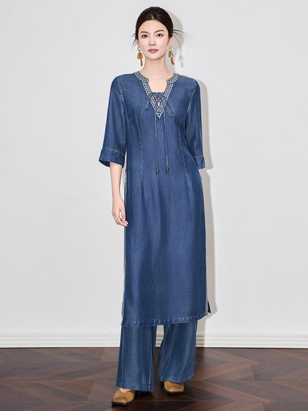 トップス レディース 春夏 刺繍 デニムシャツ Vネック 長袖 中長丈 Aライン 天竺 リヨセル 接触冷感 吸湿速乾 軽量 綿混 切り替え 幾何学柄 復古 中国風 民族柄 文? セットインスリーブ ドローストリング カジュアル 普段使い 通勤