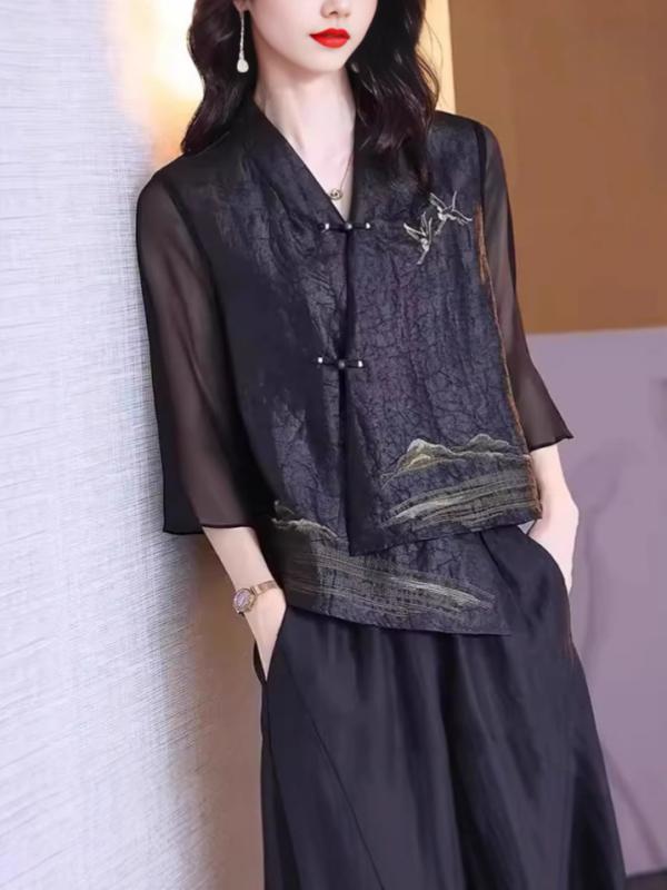 シャツ レディース 春夏 Vネック 七分袖 盤ボタン 中国風 香雲紗 桑蚕絲 接触冷感 ブラック 切り替え 短外套 小開衫 名媛風 私服 通勤 普段使い 高級感 軽量 伸縮性 吸湿速乾 再生繊維