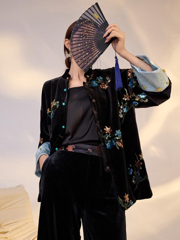 プルオーバー ユニ一発やる 黒 花柄 花卉 亮片 花 草木 刺しゅう うつり変わり 長袖 立領 単排名取り草 広々とした影ぼうし ゆったり 決まり切った丈 ポリエステル 聚?衣料繊維 返り咲き 美術的 中国風 秋 秋冬 人となり 研ぎあげる 飛び切り感 基本理念款 長袖プルオーバー トップ トップス