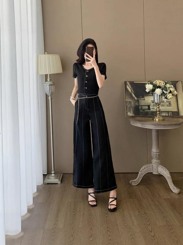レディース セットアップ トップス ロングズボン下 夏 当たること冷感 うつり変わり 撞色 黒いこと 米白いこと 角袖巡査 ご機嫌酉の方角 伸縮性 軽さ 捩り受け答え 長袖 三分袖 人となり 可愛らしい 成人女性用