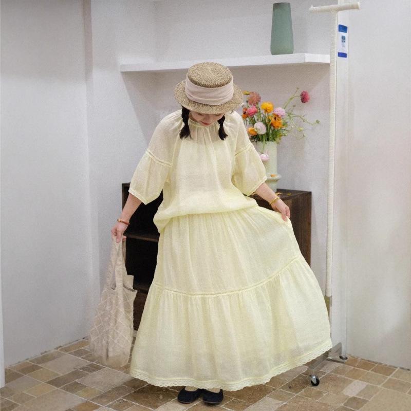 レディース セットアップ ?麻 スコート 書き割り 森お嬢さん 愛くるしい 甘め 耳あたらしい 濫りがわしい ラウンドのど首 プルオーバー トップ 下着類 半身スコート 中長丈 七分袖 隠し うつり変わり 黄色 パープル 白いこと さくら色 夏 吸湿速乾 通い 普段使い走り 軽