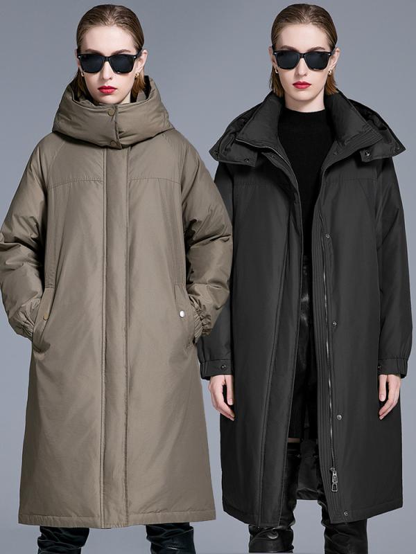 羽?服 レディース 長款 連帽 防風 保暖 ダウンジャケット 女性用 冬 秋冬 厚手 ポリエステル ワイドシルエット ロング丈 長袖 ジッパー ポケット かき色 ブラック 通勤 カジュアル 快適 リラックス 軽量 暖か 気質 ゆったり 廓形｜Fun Time Market