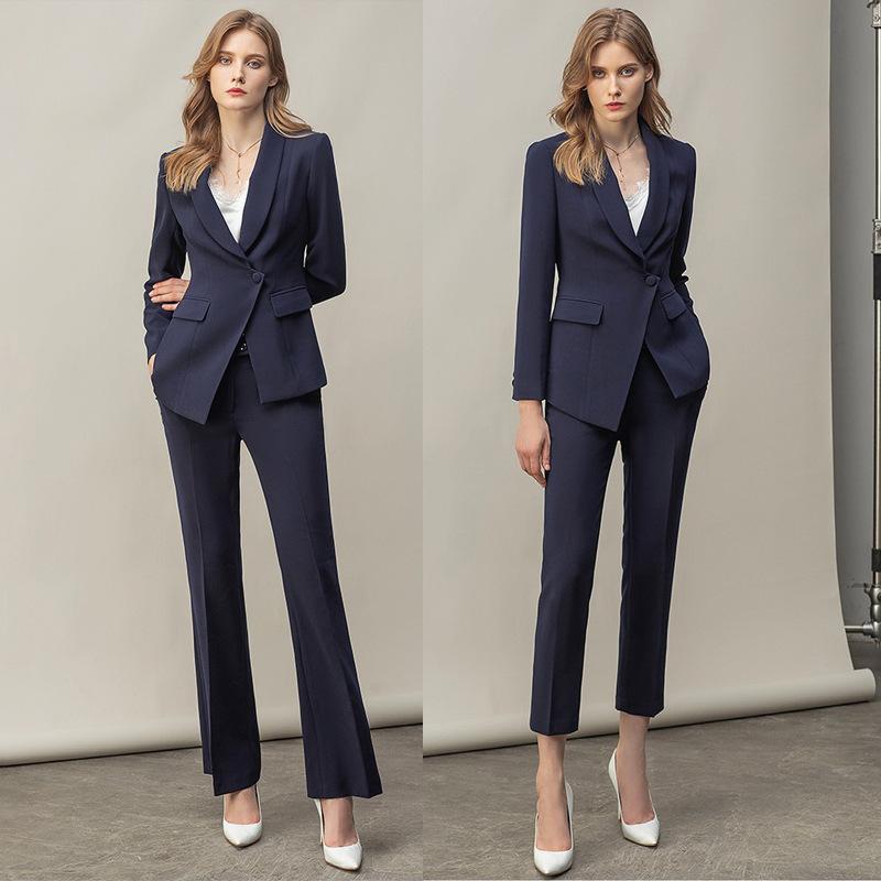 スーツ 女性用 秋冬 紺色 セットアップ ワイドパンツ 西装 トップス ロングスリーブ 化繊混紡 ストレッチ ビジネス 通勤 面接 キャリアウーマン セット ジャケット ブラウス ロングパンツ フォーマル セット｜Fun Time Market