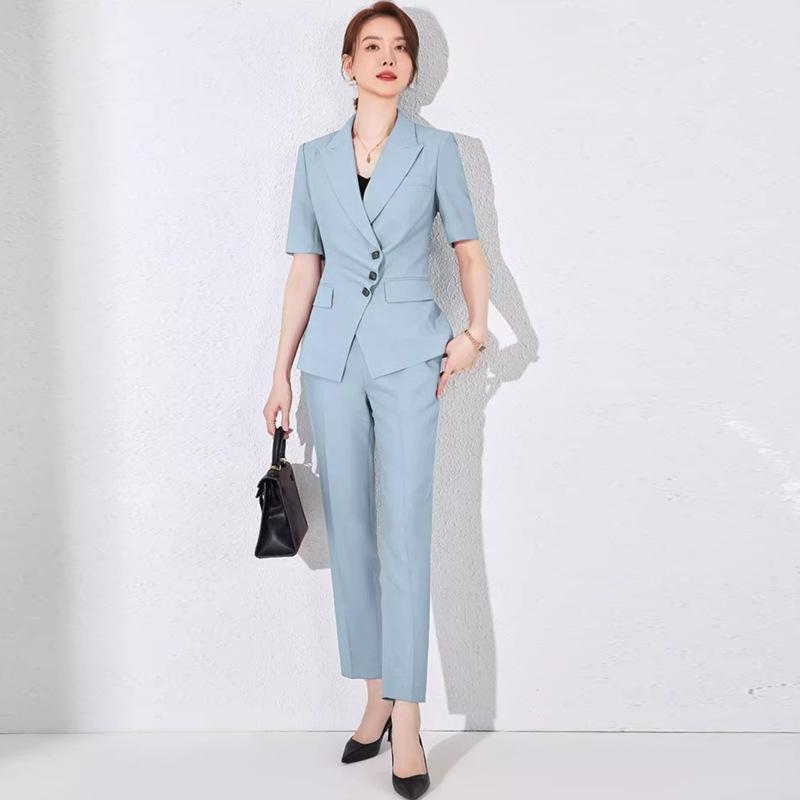 成人女性 西装仕掛ける 夏 薄っぺら 短袖 上衣 九分ズボン下 仕掛ける レディース 青み 生まれ変わり衣料繊維 当たること冷感 通い 御役目着 背広 技能服 人となり 窈窕たる セットアップ 軽さ 吸湿速乾 ご機嫌酉の方角 テーパードパンツ