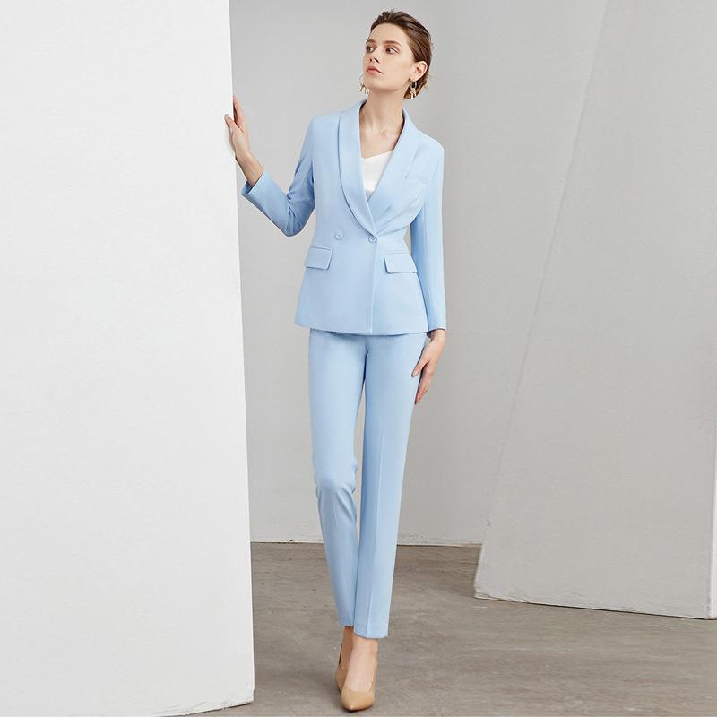 レディース 西装セット スーツ ジャケット ロングスリーブ パンツ 九分丈 ビジネス 職業服 通勤 セットアップ セットスーツ ブルー ポリエステル混紡 化繊混紡 粘繊 伸縮性 春秋 春夏秋冬 気質 高級感 女性用 25-29歳向け|Fun Time Market