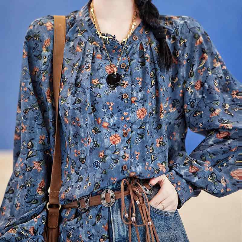 シャツ レディース 春夏 長袖 真? 桑蚕? 接触冷感 軽量 再生繊維 フレンチプリント フラワー柄 切り替え フレグランス ルーズフィット 短丈 ラウンドネック インナー 通勤 普段使い 部屋着 カジュアル|Fun Time Market
