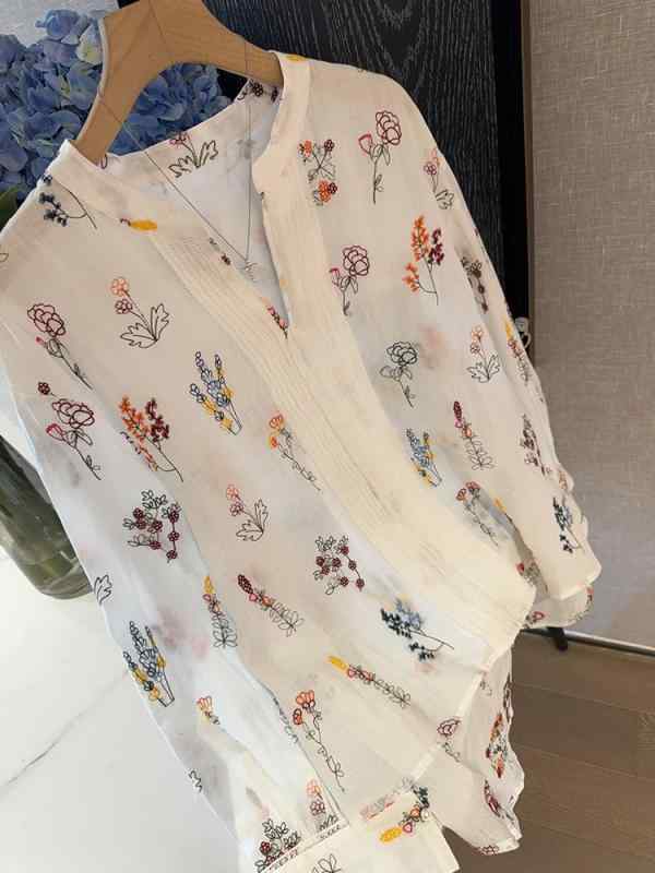 シャツ レディース ?麻 刺繍 長袖 Vネック ワイドシルエット 中長丈 花柄 白 接触冷感 軽量 通気性 春夏 森ガール かわいい フェミニン トップス ブラウス リネン 爽やか ゆったり セットインスリーブ 清新 スイート 基本款 無弾性|Fun Time Market