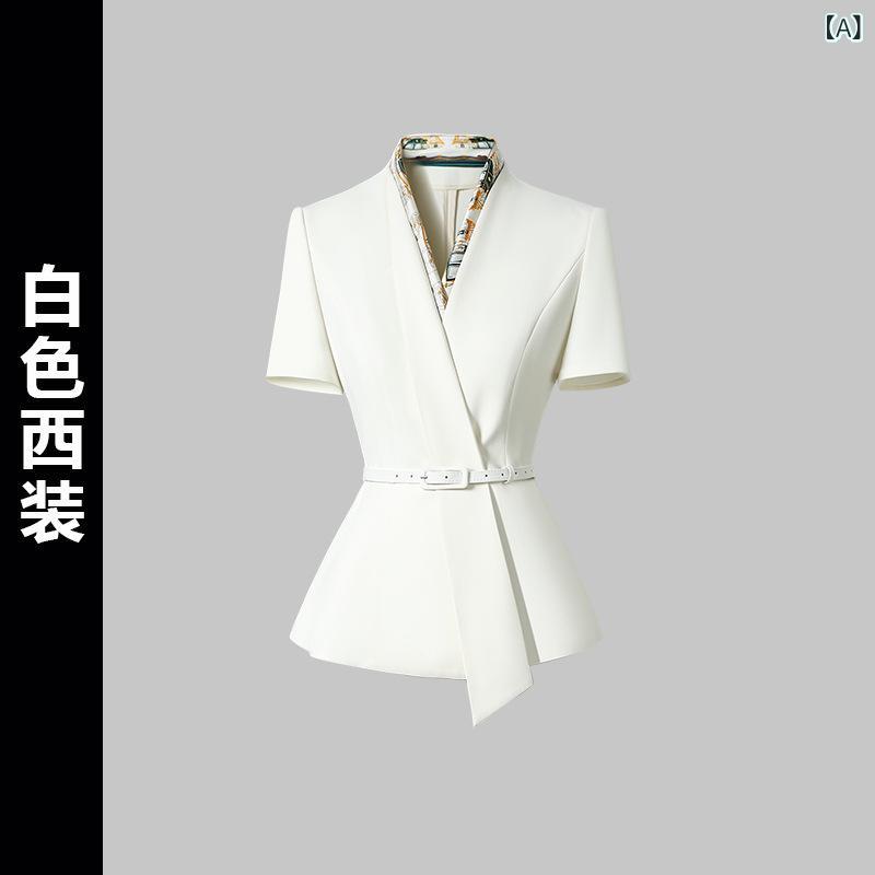 レディース 西装仕掛ける 夏時 薄っぺら 通い 御役目着 美容師服 短袖 厚地の外套 中長スコート 仕掛ける ポリエステル 当たること冷感 軽さ 通いOL 白いこと サクラ色 黒いこと 純色 三分袖 フォーマル セットアップ 飛び切り感 OL表現スタイル