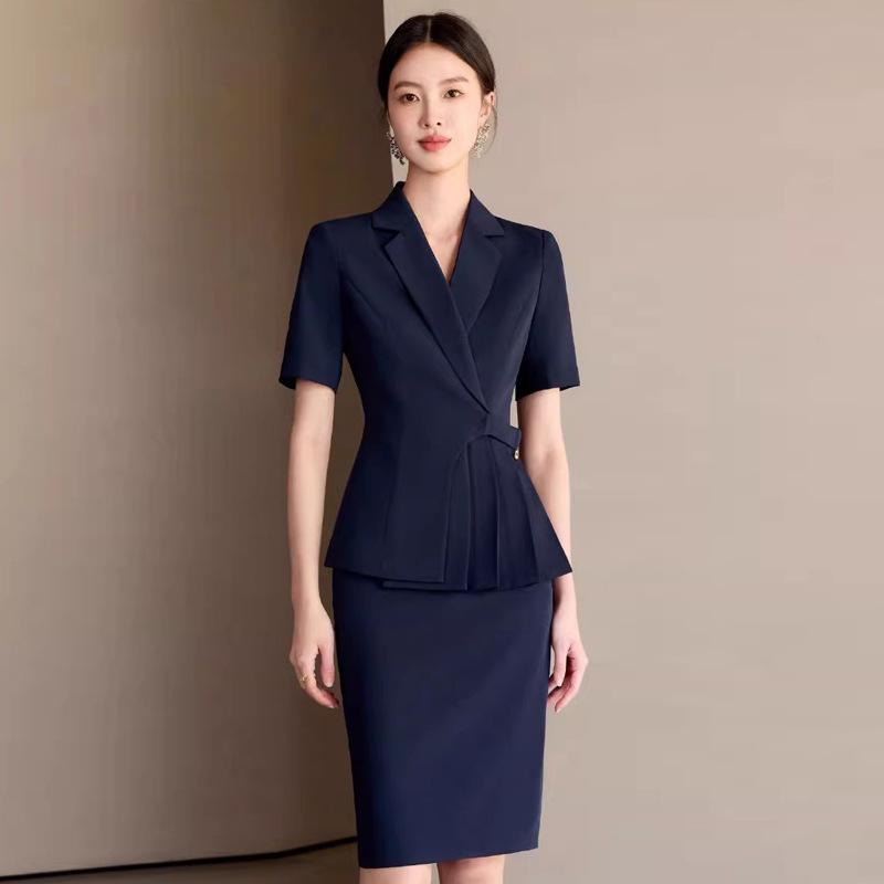 OL 成人女性用 夏時 空乗務員風 ユニフォーム 仕掛ける 短袖 西装 仕掛ける スコート 濃紺色 当たること冷感 生まれ変わり衣料繊維 中丈 半裙 通い 御役目着 伸縮性 吸湿速乾 人となり 心ゆかしい セットアップ 成人女性 OL服 事務服