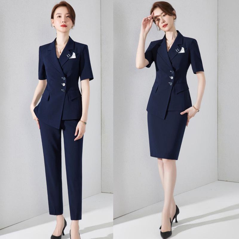 西装 レディース 夏 短袖 セットアップ 技能服 OL 通い トップス ズボン下 真っただ中スコート うつり変わり ひな型 生まれ変わり衣料繊維 当たること冷感 薄っぺら 軽さ 伸縮性 米国海軍 ダークネイビー 筋目スコート テーパードパンツ 窈窕たる 成人女性用 仕掛ける トップ
