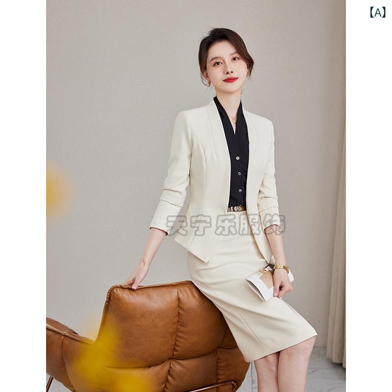 レディース 西装セット スーツ 套裙 職業服 OL 通勤用 ミックスセット 長袖ジャケット ミディスカート シャツ ベージュ系 ネイビー系 ブラウン系 ポリエステル 高級感 フォーマル 面接 ホテル 制服｜Fun Time Market