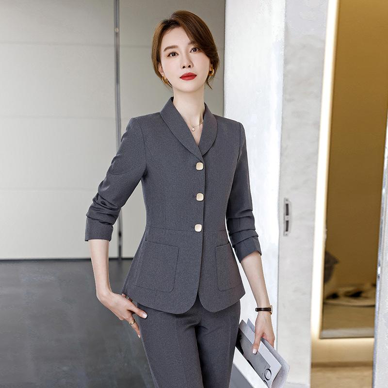 レディース スーツセット 灰色 ブラック ネイビー 長袖 ロングパンツ スカート 高級感 職業服 通勤 面接 ホテル マネージャー 仕事着 ポリエステル ストレッチ セットアップ テーラードジャケット キャリアウーマン フォーマルウェア ビジネスカジュア｜Fun Time Market