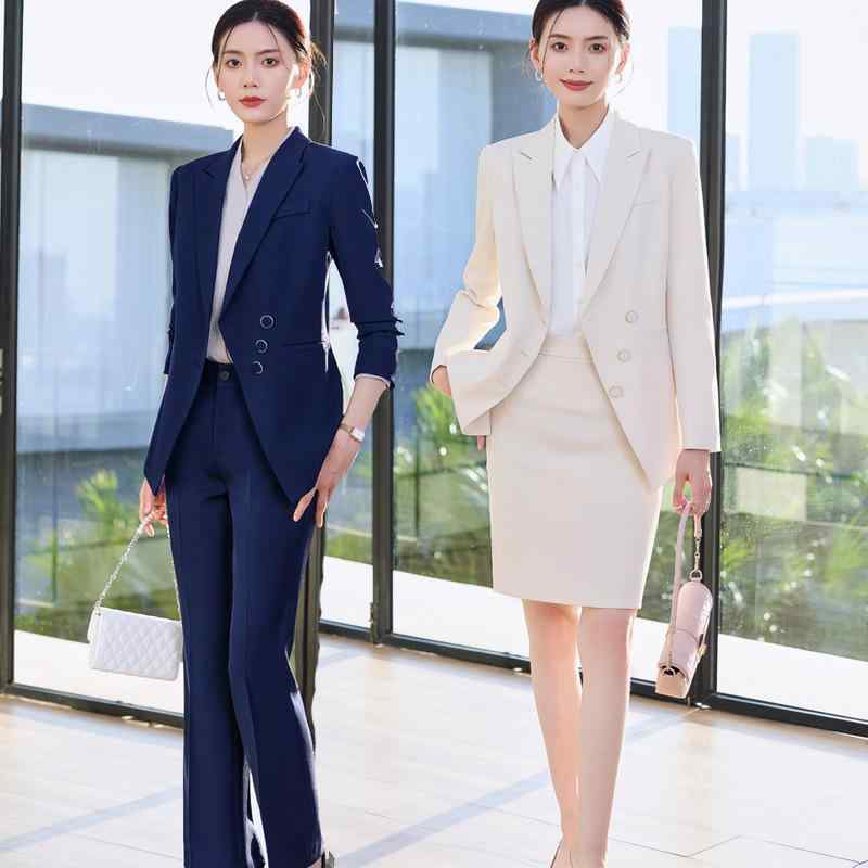 女性 西装セット 杏色 ブラック ネイビー 春秋 秋冬 白領 通勤 スーツ ジャケット パンツ スカート セット レディース 修身 ポリエステル スパンデックス 長袖 ロングパンツ ストレッチ フォーマル ビジネス 仕事着｜Fun Time Market