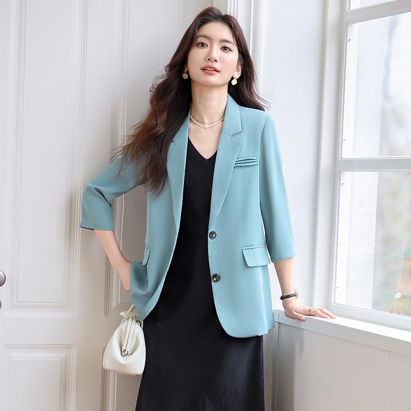 小西装 レディース 春夏 通勤用 職業服 ジャケット ワンピース セット ブラック ホワイト ブルー ポリエステル 免? 加工 西装領 五分袖 ボタン 留め 気質 スタイル 女性用 OL 服 セットアップ ジャケット ワンピース 組み合わせ コーディネー｜Fun Time Market