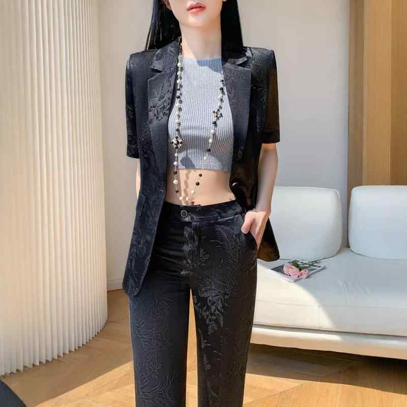 レディース 西装仕掛ける トップス 上衣 ズボン下 橘色 黒いこと 春陽 ポリエステル スパンデックス 伸縮性 通い用 精神状態 仕事服 セットアップ 御機嫌酉の方角 か細い 流行り物 軽さ 吸湿速乾 五分袖 ゆったり影ぼうし