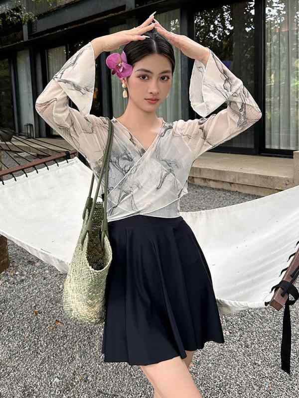 女性用 長袖 ワンピース型 水着 ビキニ 2点セット ピンク ブラック 花柄 接触冷感 速乾 伸縮性 遮肚 ハイウエスト 化繊混紡 フィットネス 水泳 普段使い|Fun Time Market