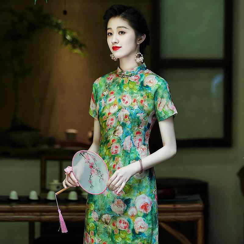 衣装 お上さん用 瀬戸ものお召しもの 長め 立領 ?麻 印花 花草緑 生まれ変わり衣料繊維 軽さ 通い用 日常使い走り 返り咲き 中国風 春夏