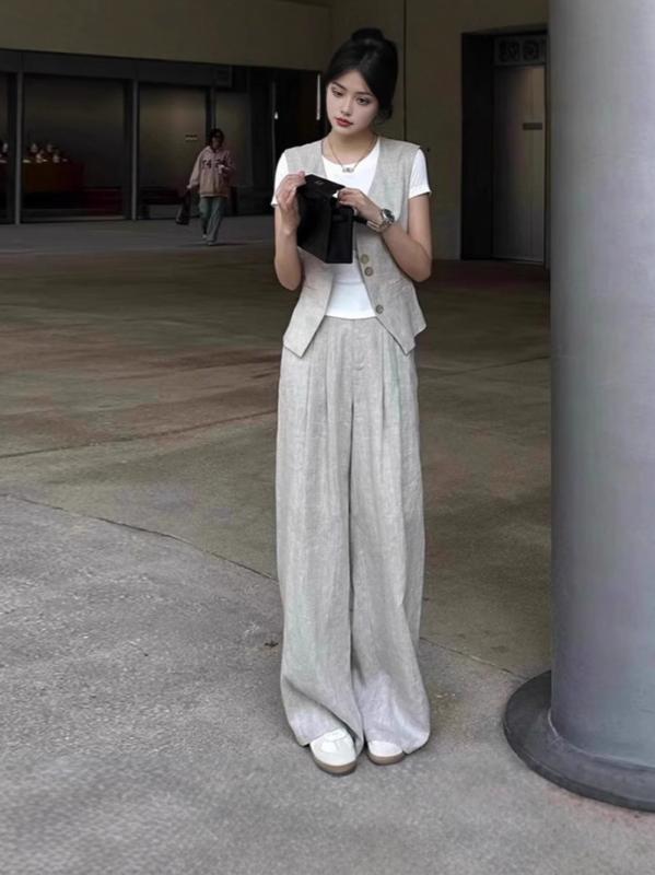 レディース セットアップ 夏 軽やか ゆったり 三点セット ポリエステル 綿 伸縮性 無地 ノースリーブ ベスト ワイドパンツ 黒|Fun Time Market