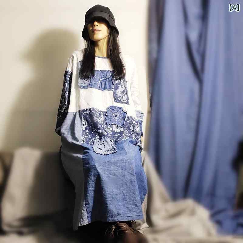 衣装 成人女性用 ロング丈 青み ゆったり ジーンズ 刷り上げる レトロ 麻 うつり変わり 刺しゅう 綿 当たること冷感 春夏 烏兎 長袖 ラウンド素っ首 ルーズフィット ドレープ ご機嫌酉の方角 成年者可愛らしい 日常使い走り 通い用