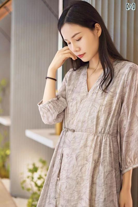 衣裳 亭主もち用 春夏 ロング丈 七分袖 Vのど首 A伝達ルート 刺しゅう 花柄 綿 麻 ライトグリーン 象牙色 通い用 軽さ ゆったり 酉の方角見澄ます 自然的 女子らしい 御前上等感