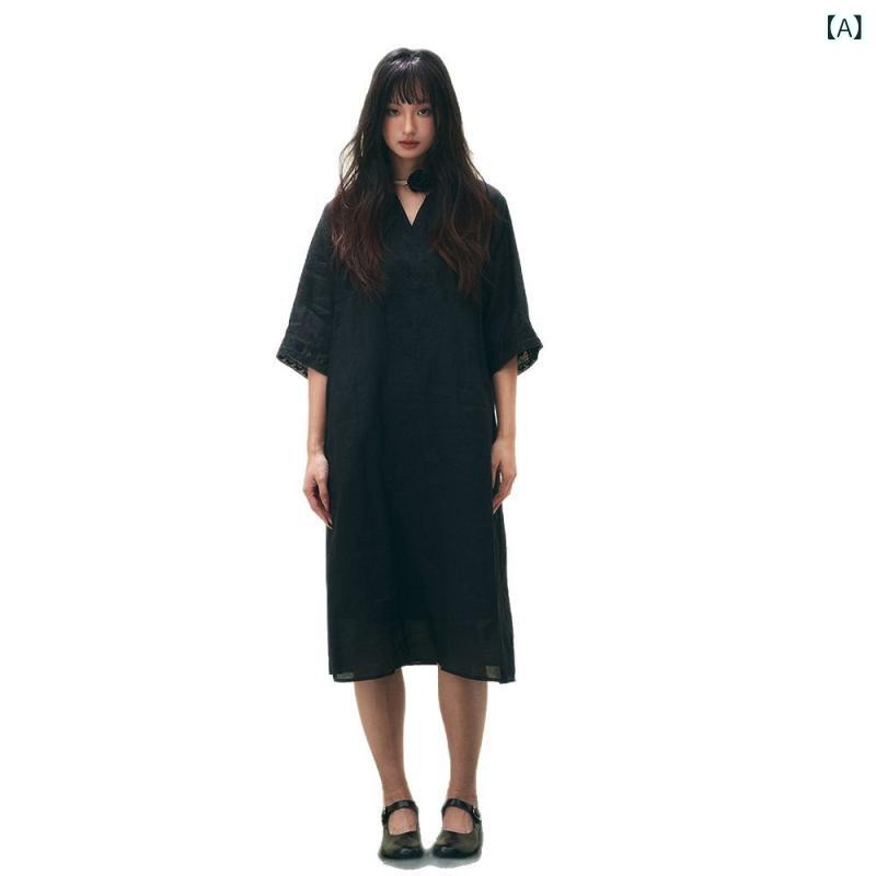 衣装 レディース 春夏 ロング丈 A生産ライン Vのど首 五分袖 高腰 刺しゅう 麻 当たること冷感 黒いこと ゆったり 普段使い