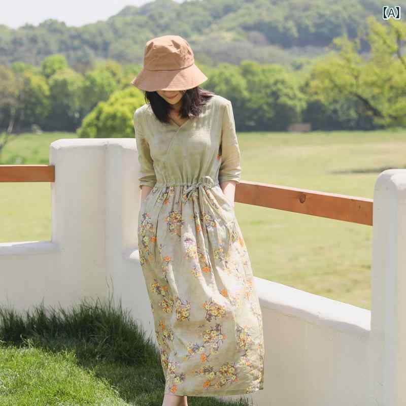 衣裳 亭主もち用 麻 綿 ?麻 連衣裙 A伝達ルート Vのど首 七分袖 花柄 刷り上げる 中長丈 MIDI丈 自然的 ゆったり シュロの葉 夏 春夏 日常 心地よい 軽さ 吸湿速乾 通気性 ベージュ系 象牙色