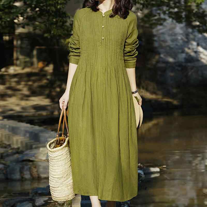 ワンピース 女性用 長袖 ロング丈 麻 Aライン ラグランスリーブ ワンピース 苔緑 リネン ゆったり 復古 ベーシック シンプル 普段使い 通年|Fun Time Market
