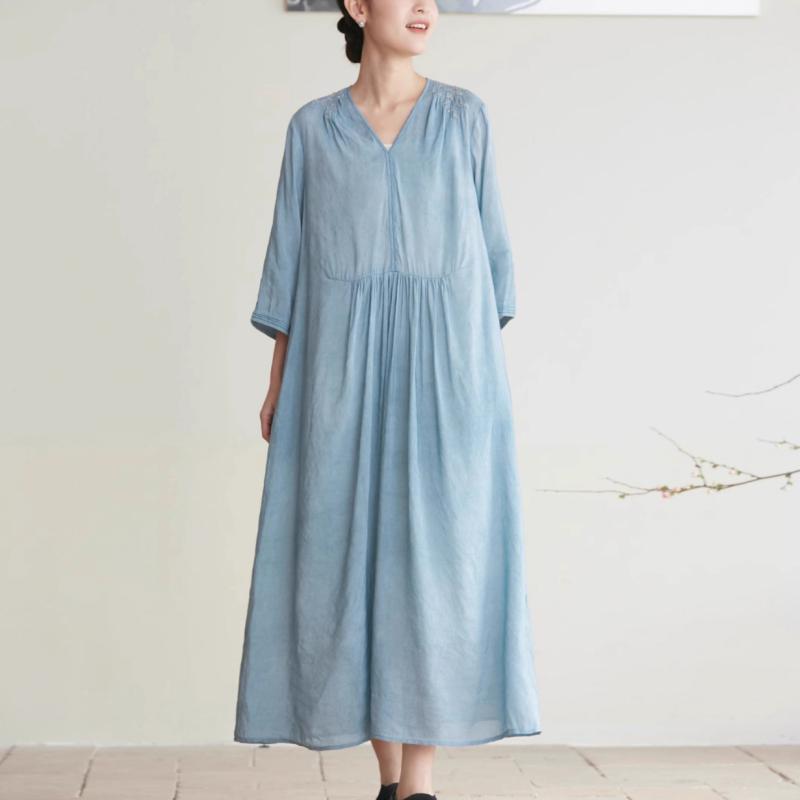 ワンピース 女性用 麻 刺繍 Vネック 七分袖 切り替え ウエストマーク Aライン ミディ丈 ゆったり 涼しい 接触冷感 ポーセリンブルー 春夏 春夏 春夏|Fun Time Market