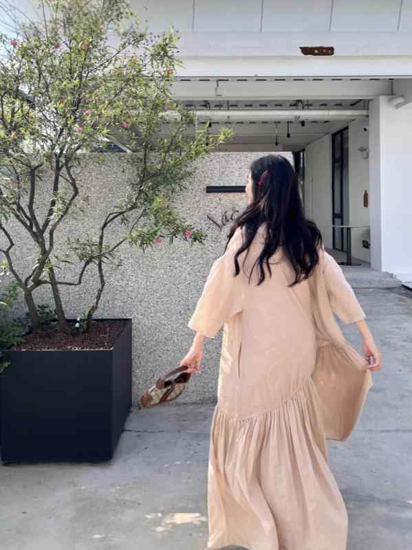 衣裳 レディース 長裙 春夏 ?麻 七分袖 丸首 事あたらしい サクラ色系 軽さ 吸湿速乾 普段使い