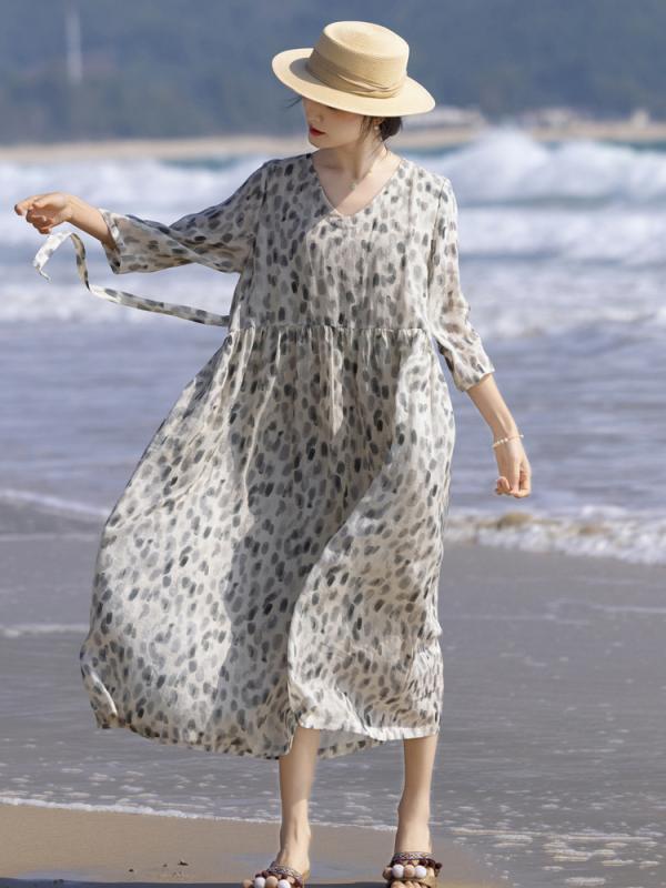 衣裳 レディース 春夏 麻 印花 Vのど首 七分袖 A伝達ルート ミモレ丈 ゆったり 花柄 生まれながら原料品 軽さ 通気性 日常使い走り 旅する用