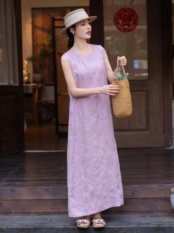 衣裳 レディース 麻 刺しゅう 草木柄 ロング丈 ノースリーブ ゆったり ドレープ 奥ゆかしい 通い さくら色系 当たること冷感 吸湿速乾