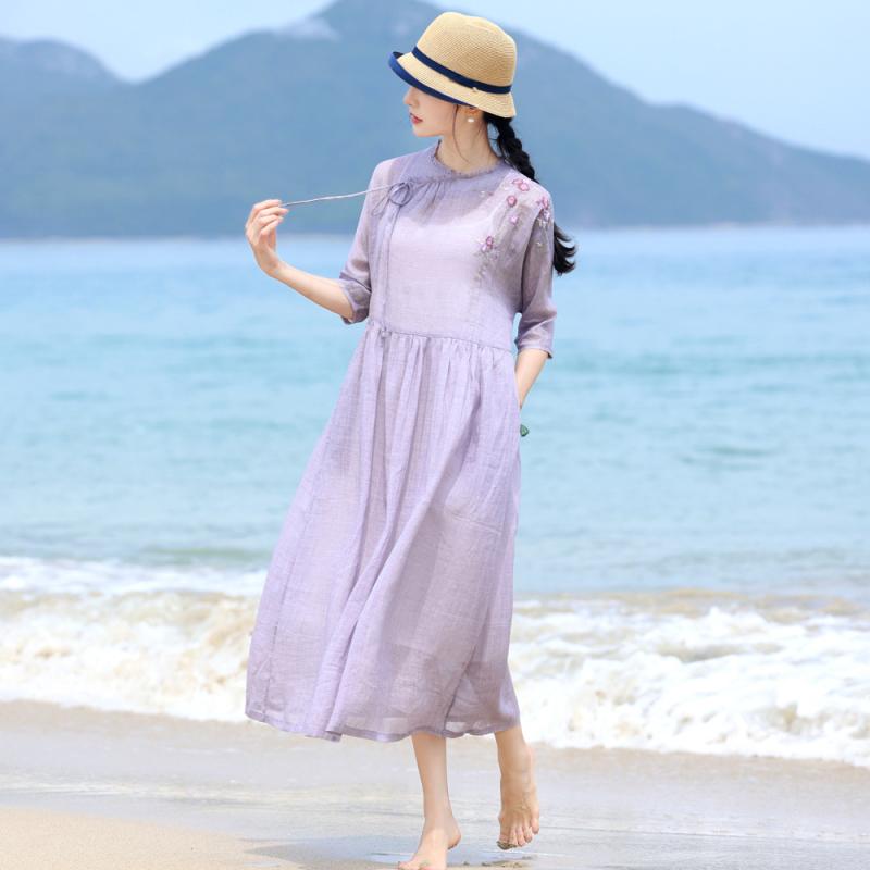 ワンピース レディース 麻 刺繍 木耳辺 円領 Aライン ロング丈 五分袖 ルーズ 軽量 透け感 春夏 麻素材 ナチュラル ヴィンテージ 優雅 ワンピース 麻 刺繍 木耳辺 円領 Aライン ロング丈 五分袖 ルーズ 軽量 透け感 春夏 麻素材 ナチュラル｜Fun Time Market