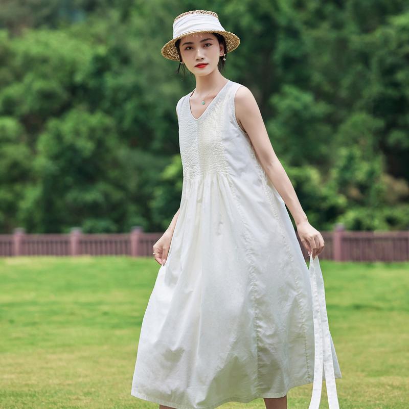 衣装 成人女性用 綿 当たること冷感 V素っ首 ノースリーブ midi丈 A伝達ルート ゆったり 象牙色 デイリー 普段使い