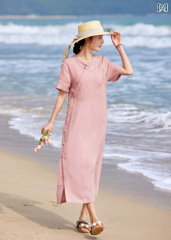衣裳 レディース 長袖 麻 刺しゅう ロング丈 立領 短袖 茶服 ロングスコート サクラ色系 春夏 返り咲き 単色 綿織物 生まれながら原料品 軽さ 吸湿速乾 御膳上等感 普段使い走り 通い用