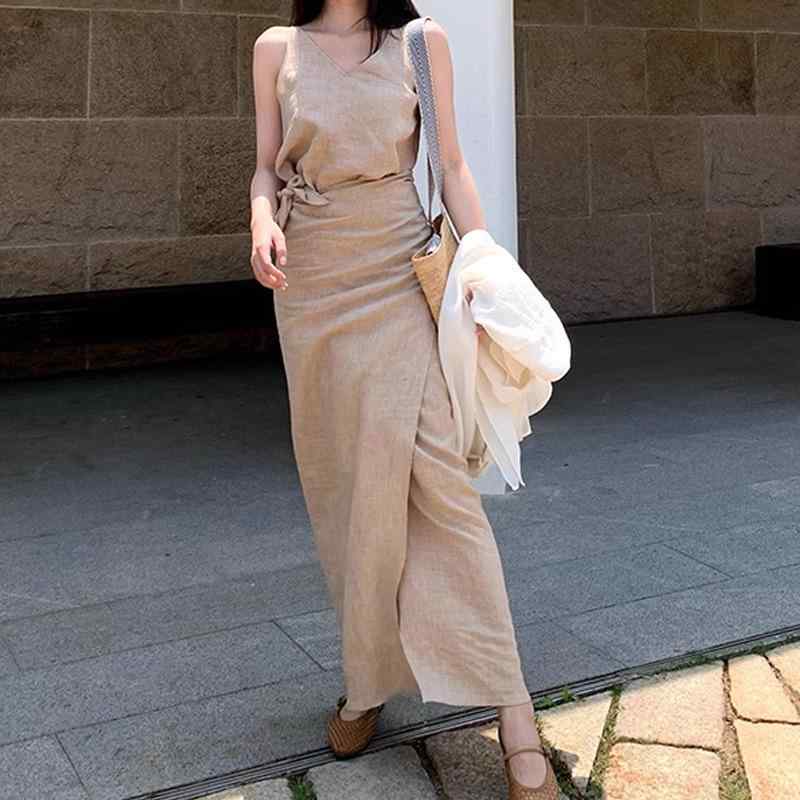 衣装 レディース 麻 無袖 ロング丈 A伝達ルート 一回りスコート ゆったり 自然的 ベージュ 春夏 衣装
