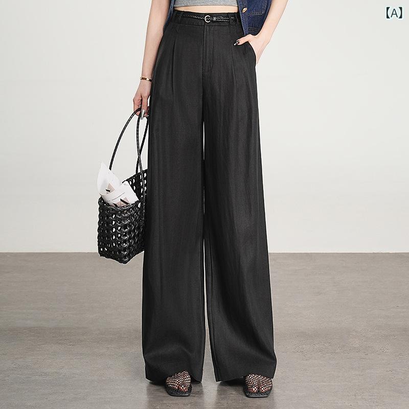 レディース ワイドパンツ 女性用 麻 接触冷感 吸湿速乾 軽量 薄手 ハイウエスト ストレート ゆったり ロング丈 ブラック カーキ アイボリー 通勤用 普段使い 垂れ感 微弾性 アイロン不要|Fun Time Market